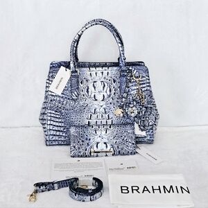 NWT Brahmin COASTAL BLUE Small Finley, Ady Wallet & Flower Duo Charm